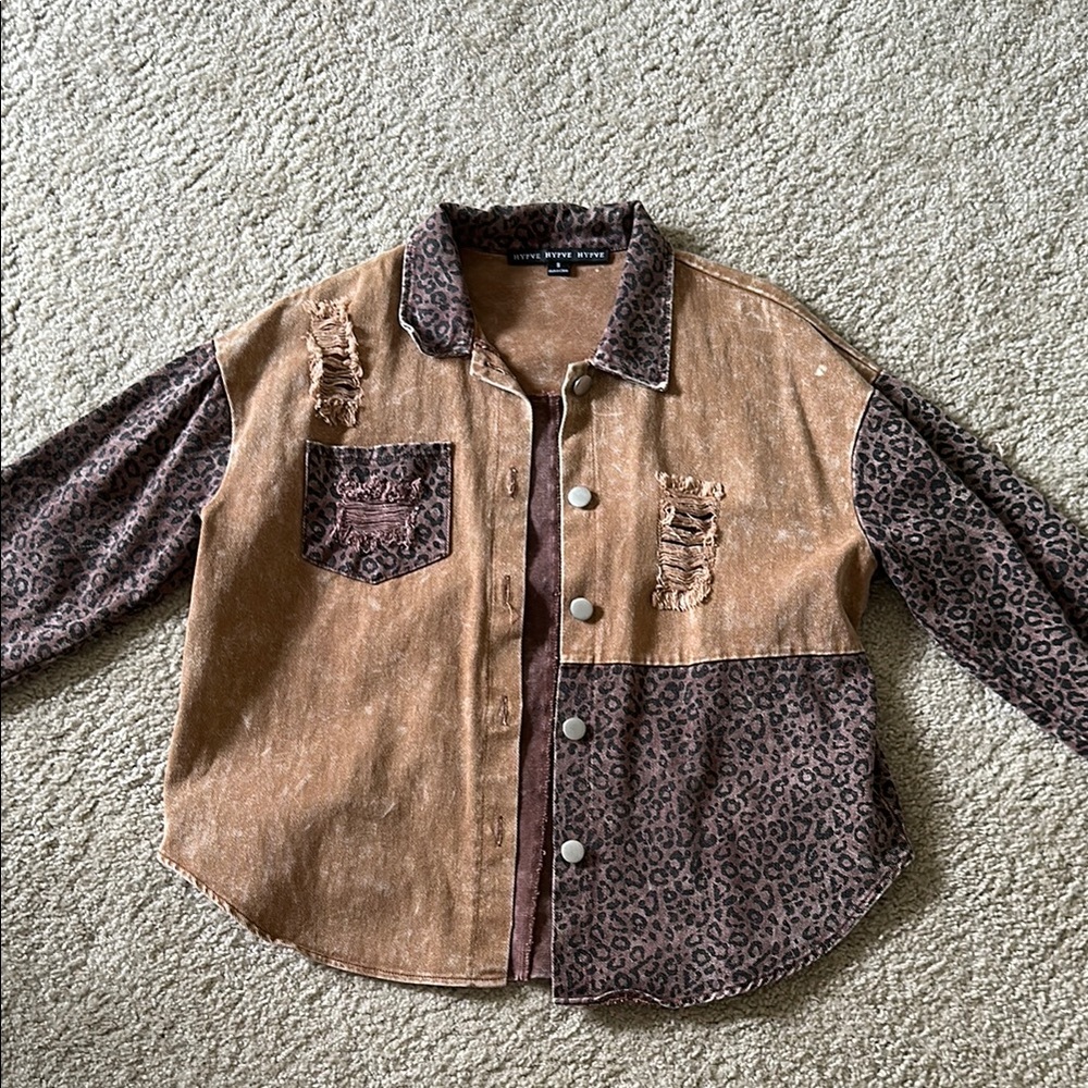 Brown and Leopard Print Button-Up Jacket